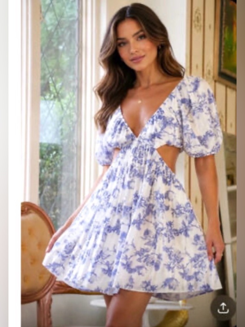 Bardot, Blue & White Floral Cutout Mini Dress Cotton, Size M EUC - Picture 2 of 16